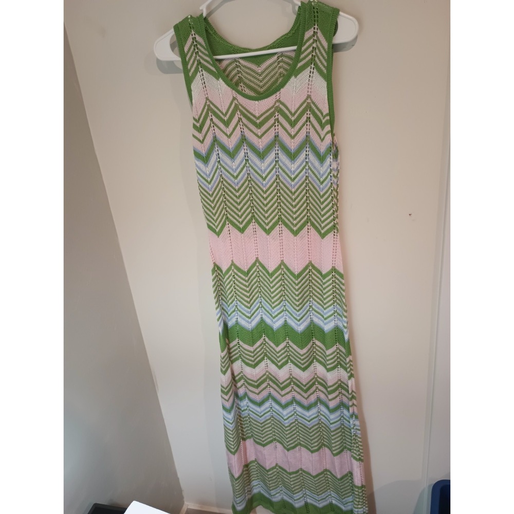 SHEIN Womens XL Chevron Knit Crochet Maxi Dress Sleeveless Green Pink Pastel...